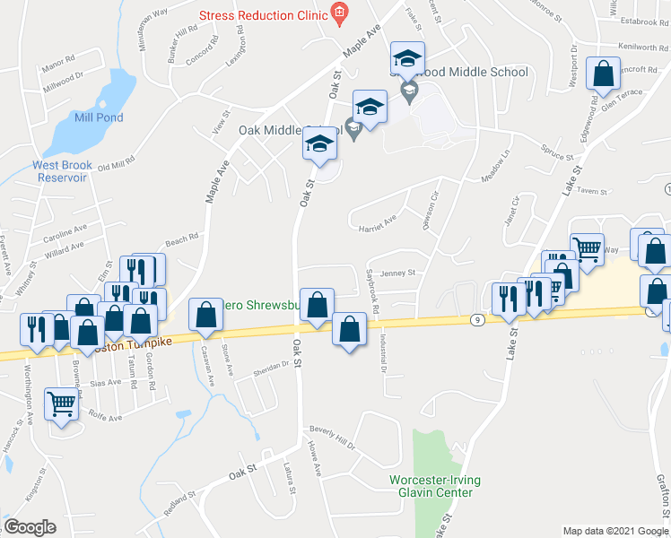 map of restaurants, bars, coffee shops, grocery stores, and more near 8 Williamsburg Court in Shrewsbury