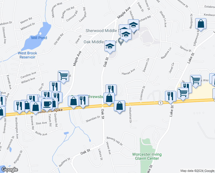 map of restaurants, bars, coffee shops, grocery stores, and more near 8 Williamsburg Court in Shrewsbury