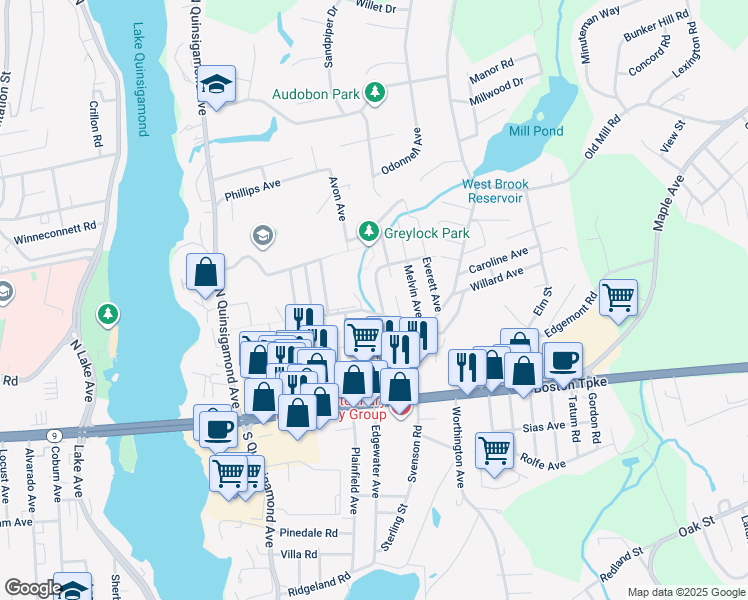 map of restaurants, bars, coffee shops, grocery stores, and more near 2 -10 Avon Avenue in Shrewsbury