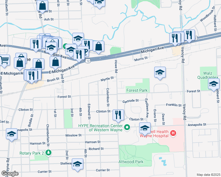 map of restaurants, bars, coffee shops, grocery stores, and more near 3934 Howe Road in Wayne