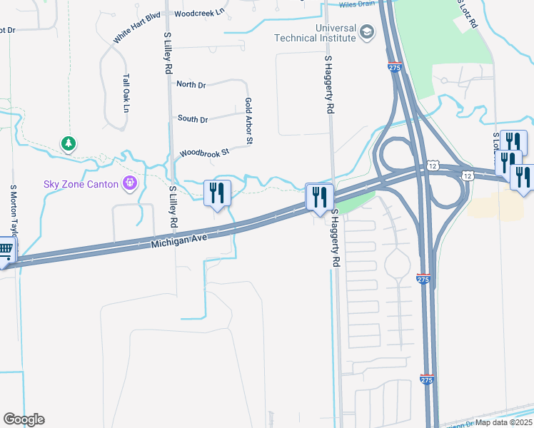 map of restaurants, bars, coffee shops, grocery stores, and more near 41700 Michigan Avenue in Canton