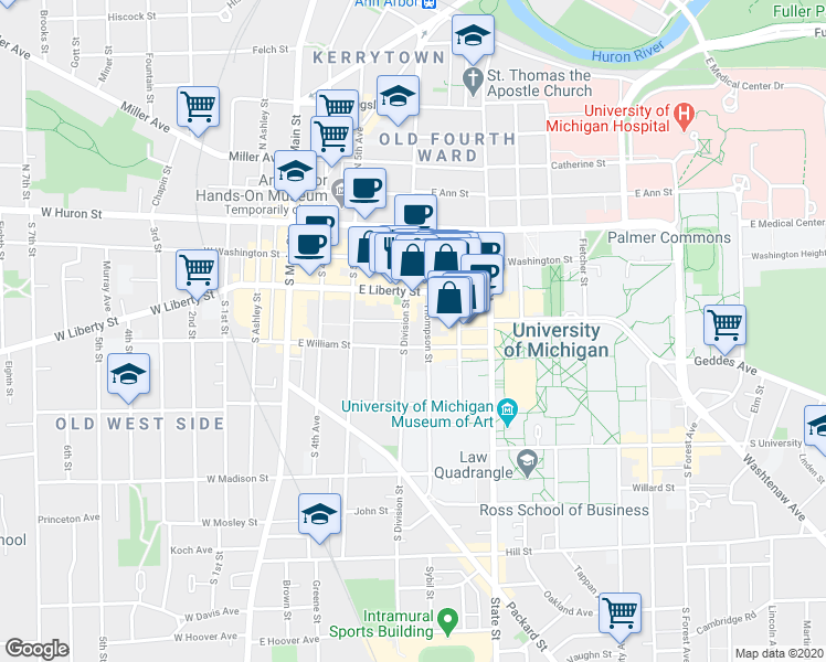 map of restaurants, bars, coffee shops, grocery stores, and more near 308 Thompson Street in Ann Arbor