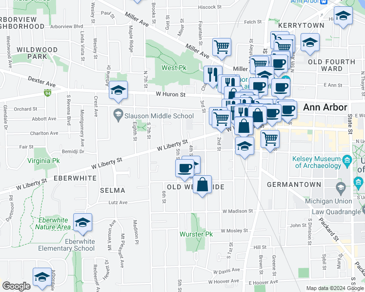 map of restaurants, bars, coffee shops, grocery stores, and more near 245 Murray Avenue in Ann Arbor