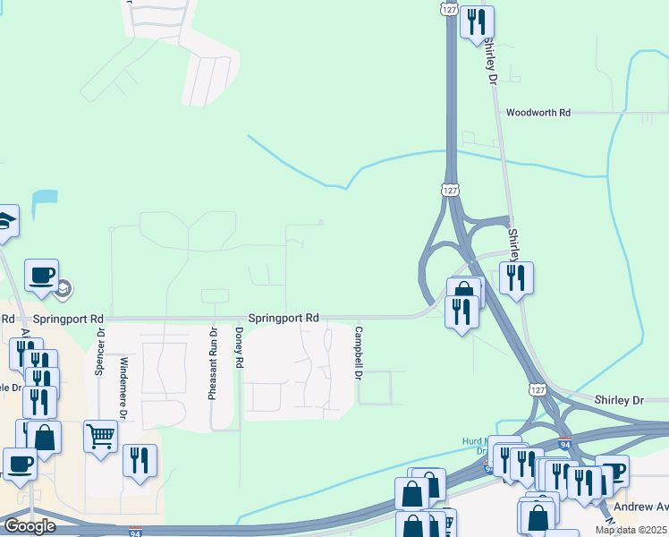 map of restaurants, bars, coffee shops, grocery stores, and more near 2100 Springport Road in Jackson