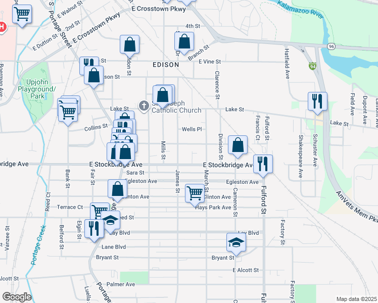 map of restaurants, bars, coffee shops, grocery stores, and more near 1215 Washington Avenue in Kalamazoo