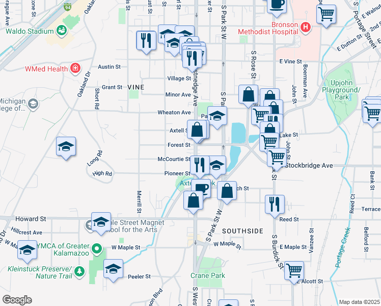map of restaurants, bars, coffee shops, grocery stores, and more near 510 Forest Street in Kalamazoo