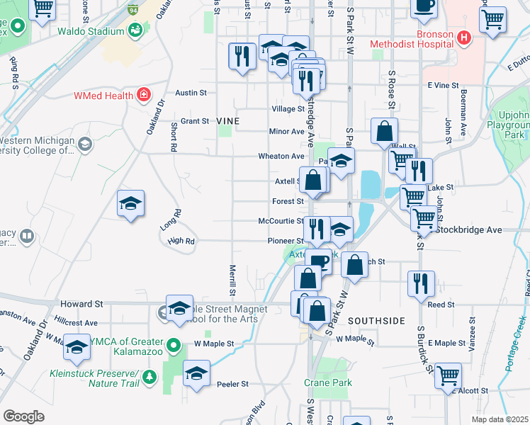 map of restaurants, bars, coffee shops, grocery stores, and more near 720 Forest Street in Kalamazoo