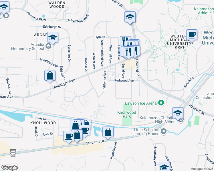 map of restaurants, bars, coffee shops, grocery stores, and more near 2918 Redwood Avenue in Kalamazoo