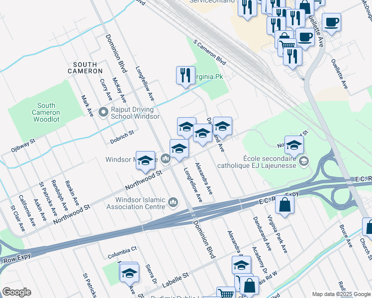 map of restaurants, bars, coffee shops, grocery stores, and more near 1100 Northwood Street in Windsor