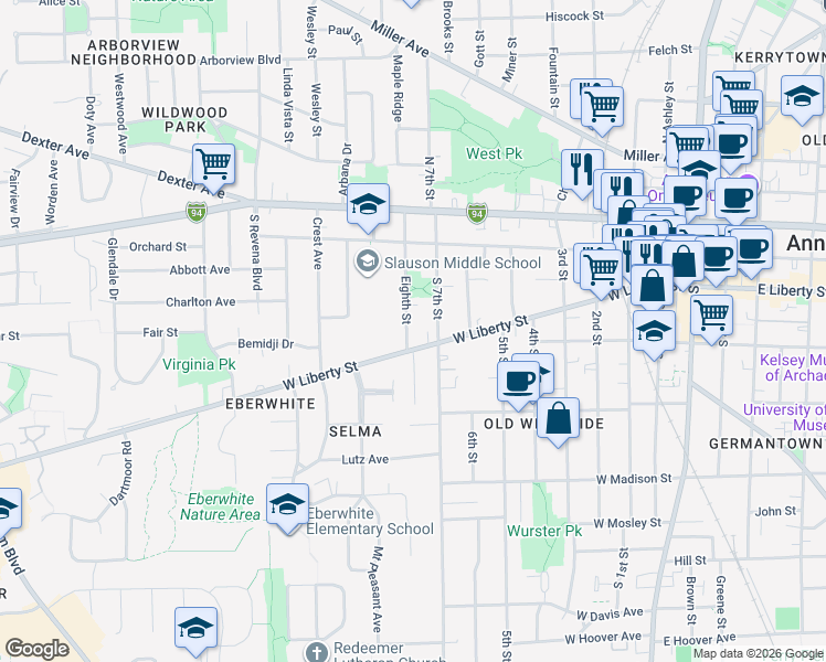 map of restaurants, bars, coffee shops, grocery stores, and more near 341 Eighth Street in Ann Arbor