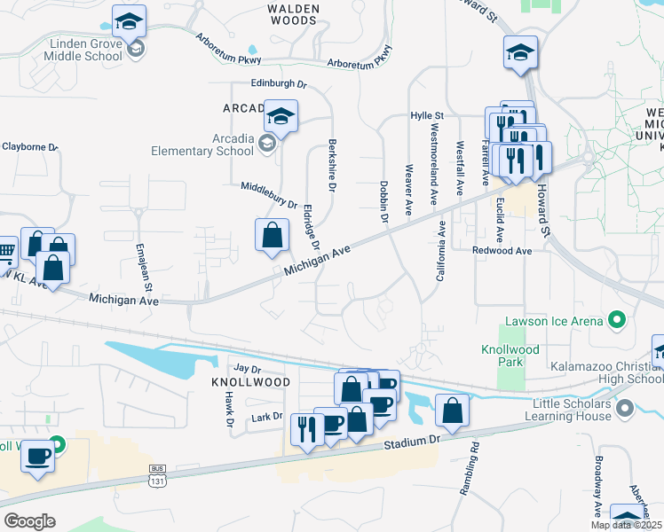 map of restaurants, bars, coffee shops, grocery stores, and more near 3429 West Michigan Avenue in Kalamazoo