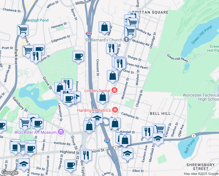 map of restaurants, bars, coffee shops, grocery stores, and more near 140 Lincoln Street in Worcester
