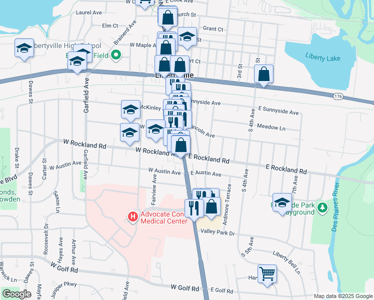map of restaurants, bars, coffee shops, grocery stores, and more near 420 Illinois 21 in Libertyville