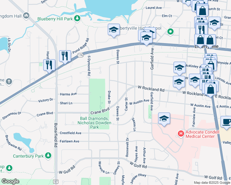 map of restaurants, bars, coffee shops, grocery stores, and more near 513 Dawes Street in Libertyville
