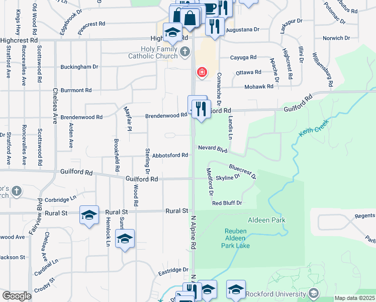 map of restaurants, bars, coffee shops, grocery stores, and more near 1116 North Alpine Road in Rockford