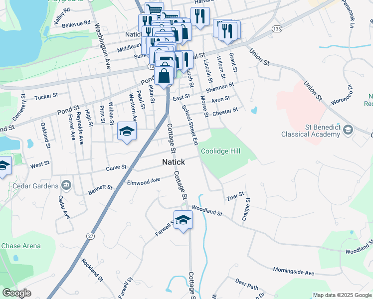 map of restaurants, bars, coffee shops, grocery stores, and more near 5 Jefferson Street in Natick