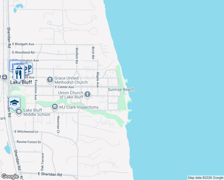 map of restaurants, bars, coffee shops, grocery stores, and more near 552 Sunrise Avenue in Lake Bluff