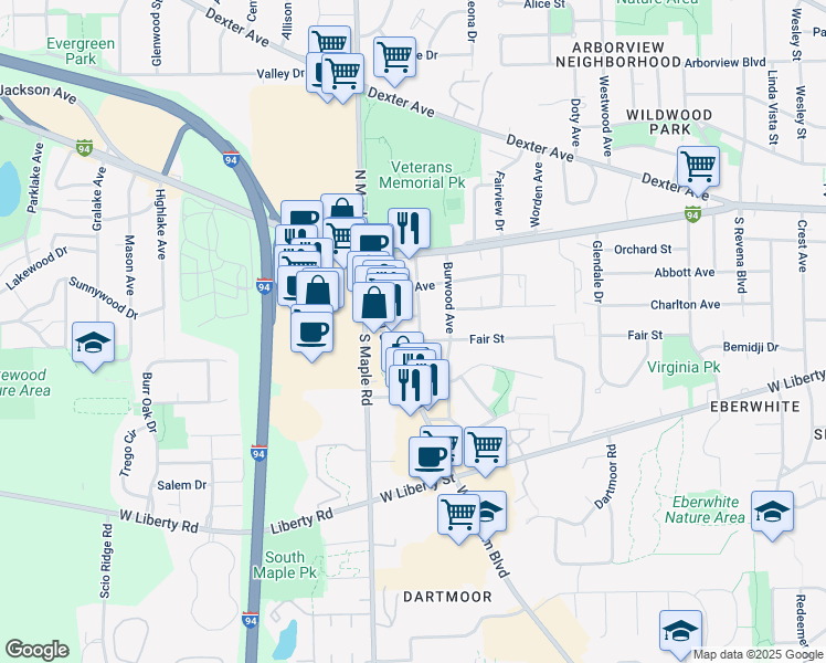 map of restaurants, bars, coffee shops, grocery stores, and more near 255 Collingwood Drive in Ann Arbor