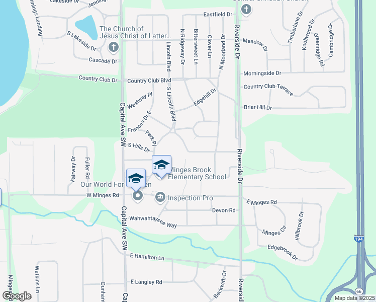 map of restaurants, bars, coffee shops, grocery stores, and more near South Hills Drive in Battle Creek