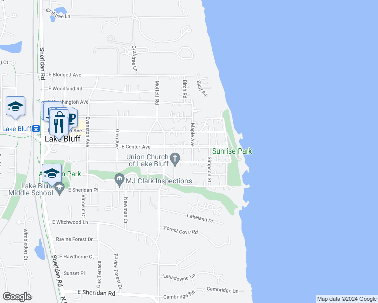map of restaurants, bars, coffee shops, grocery stores, and more near 537 East Center Avenue in Lake Bluff