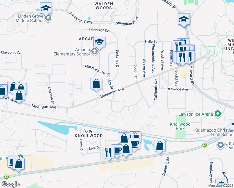 map of restaurants, bars, coffee shops, grocery stores, and more near 3401 Kenbrooke Court in Kalamazoo