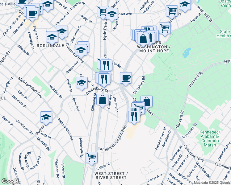 map of restaurants, bars, coffee shops, grocery stores, and more near 950 Canterbury Street in Boston