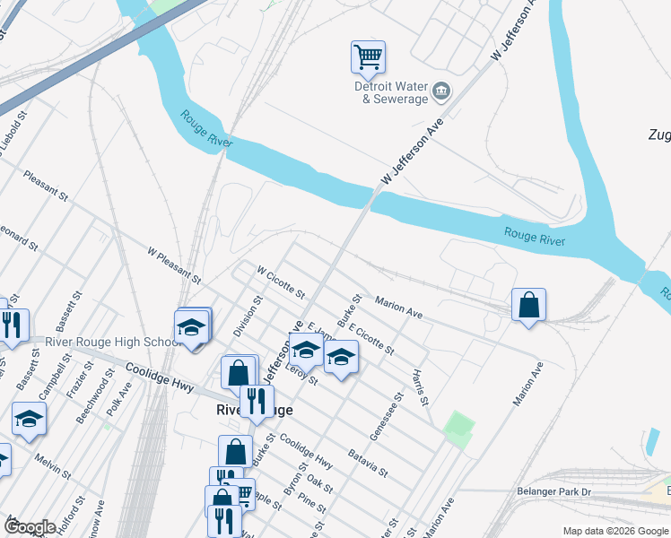 map of restaurants, bars, coffee shops, grocery stores, and more near 10101-10149 West Jefferson Avenue in River Rouge