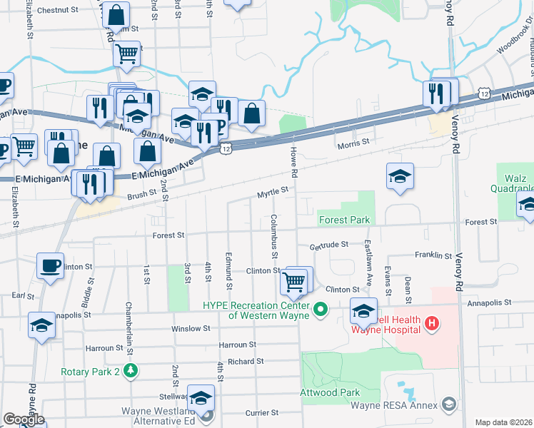 map of restaurants, bars, coffee shops, grocery stores, and more near 4026 Columbus Street in Wayne
