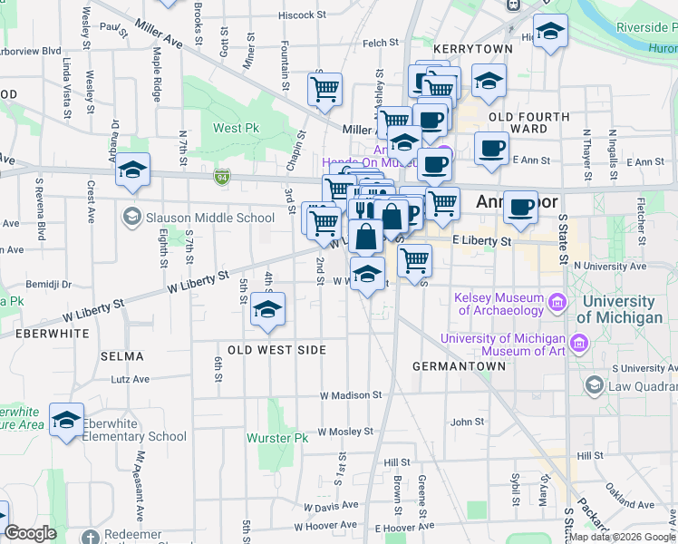 map of restaurants, bars, coffee shops, grocery stores, and more near 325 South 1st Street in Ann Arbor