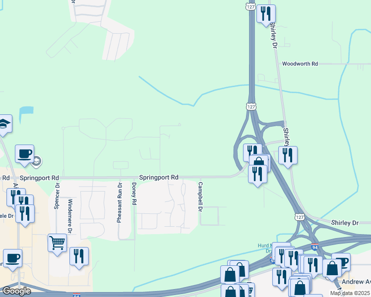 map of restaurants, bars, coffee shops, grocery stores, and more near 2100 Springport Road in Jackson