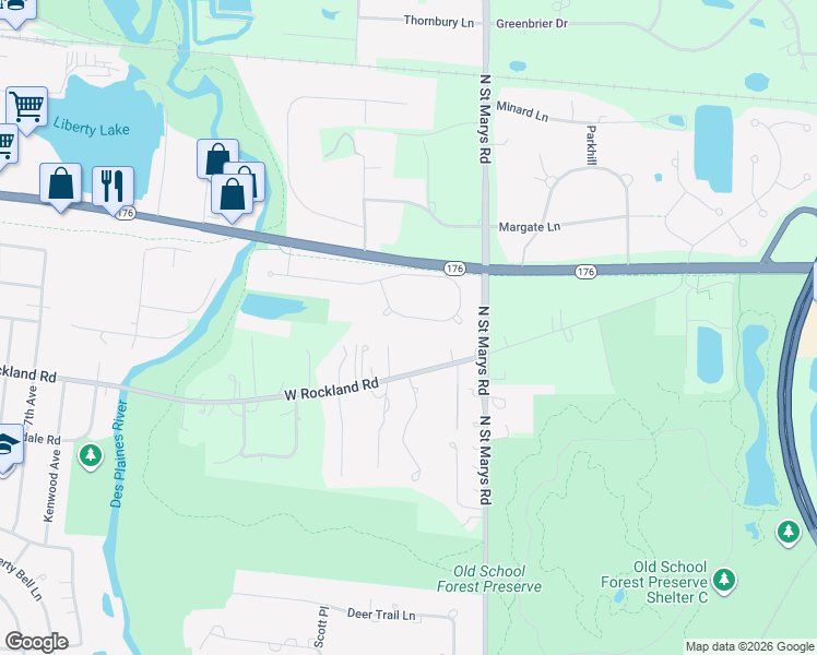 map of restaurants, bars, coffee shops, grocery stores, and more near 1204 Ashbury Lane in Libertyville