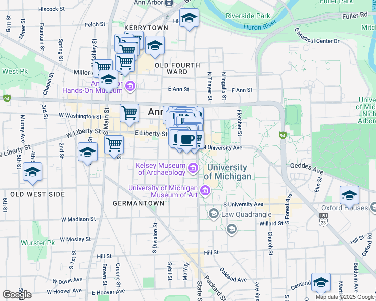map of restaurants, bars, coffee shops, grocery stores, and more near 326 South State Street in Ann Arbor