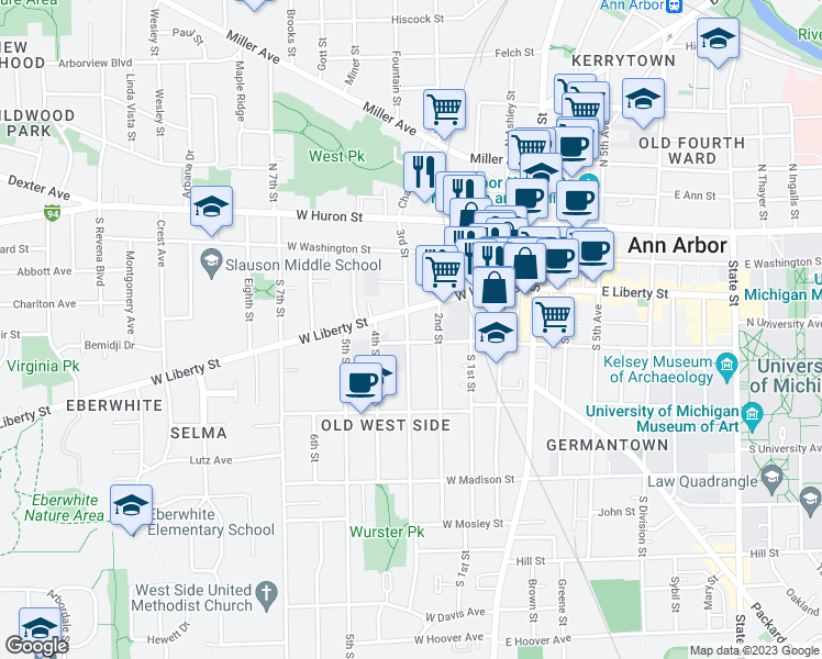 map of restaurants, bars, coffee shops, grocery stores, and more near 339 3rd Street in Ann Arbor