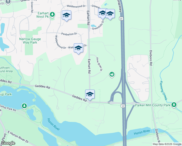 map of restaurants, bars, coffee shops, grocery stores, and more near 411 Pine Brae Street in Ann Arbor