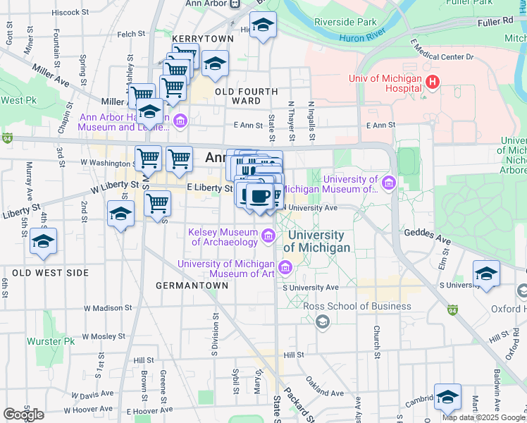 map of restaurants, bars, coffee shops, grocery stores, and more near 326 South State Street in Ann Arbor