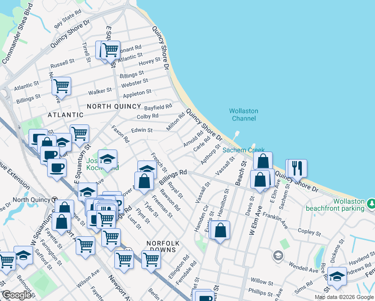 map of restaurants, bars, coffee shops, grocery stores, and more near 55 Arnold Road in Quincy