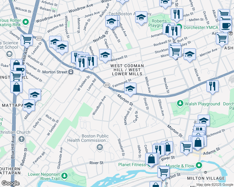map of restaurants, bars, coffee shops, grocery stores, and more near 2 Wilmington Avenue in Boston