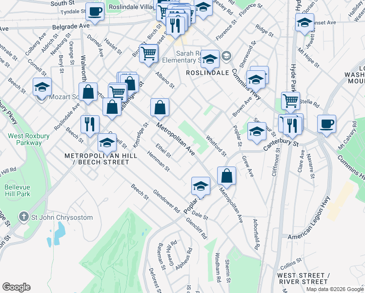 map of restaurants, bars, coffee shops, grocery stores, and more near 162 Metropolitan Avenue in Boston