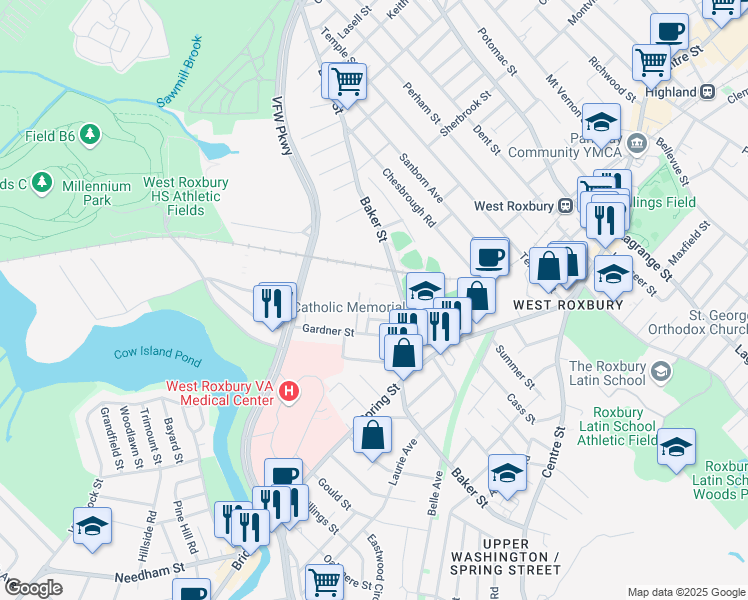 map of restaurants, bars, coffee shops, grocery stores, and more near 1208b VFW Parkway in Boston