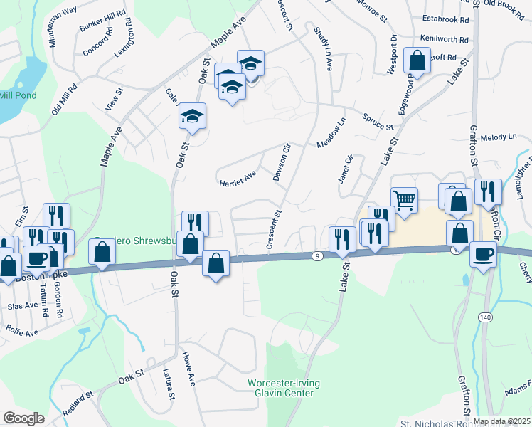 map of restaurants, bars, coffee shops, grocery stores, and more near 8 Saybrook Road in Shrewsbury