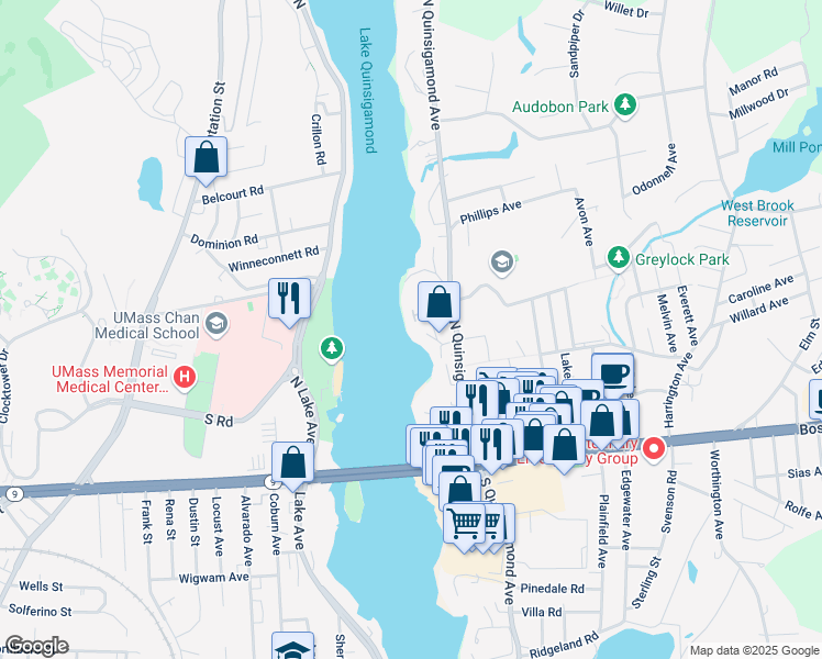 map of restaurants, bars, coffee shops, grocery stores, and more near 67 /11 North Quinsigamond Avenue in Shrewsbury