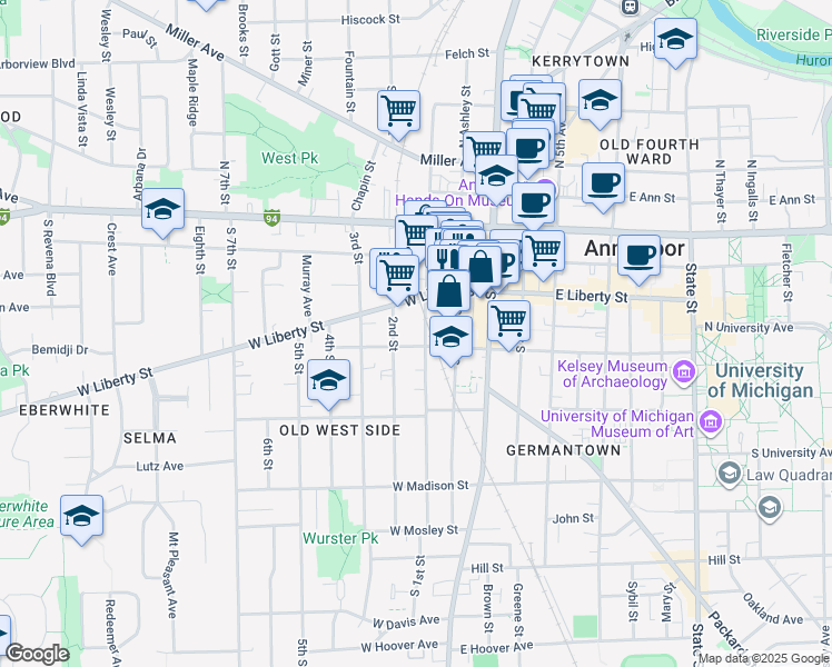 map of restaurants, bars, coffee shops, grocery stores, and more near 325 South 1st Street in Ann Arbor