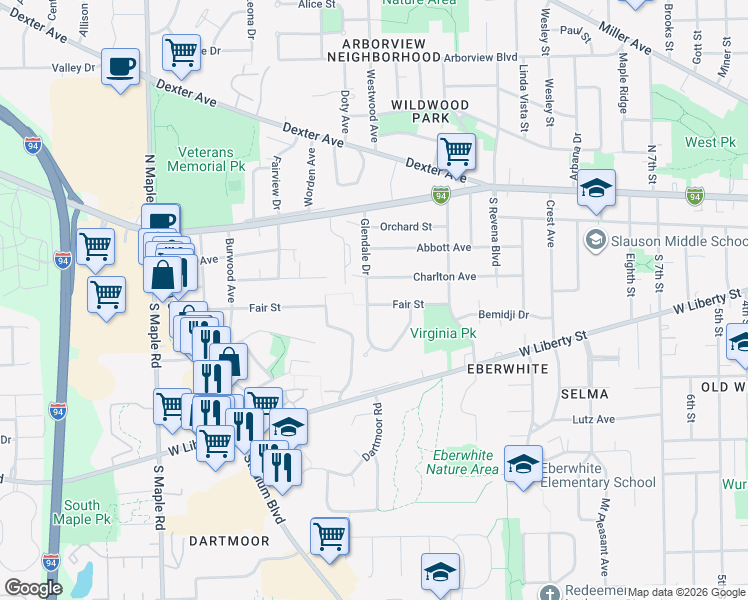 map of restaurants, bars, coffee shops, grocery stores, and more near 1811 Charlton Avenue in Ann Arbor