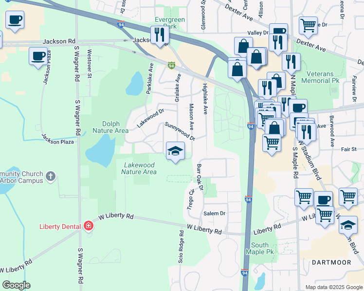 map of restaurants, bars, coffee shops, grocery stores, and more near 2981 Sunnywood Drive in Ann Arbor