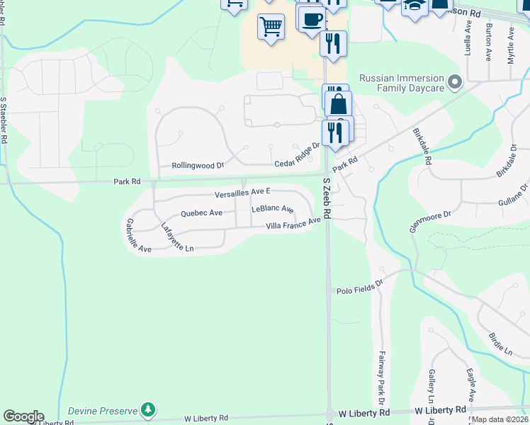map of restaurants, bars, coffee shops, grocery stores, and more near 5713 Versailles Avenue in Ann Arbor
