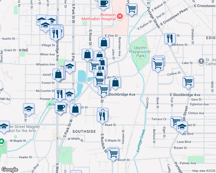 map of restaurants, bars, coffee shops, grocery stores, and more near 1211 South Burdick Street in Kalamazoo
