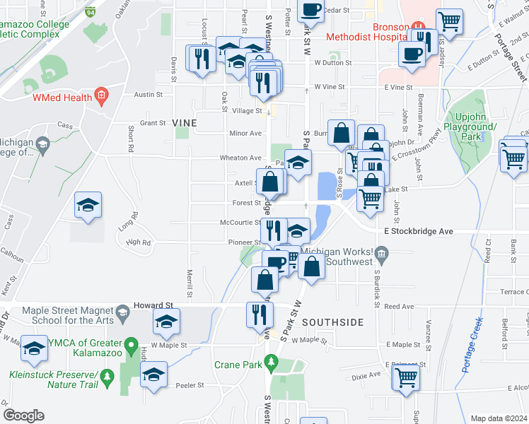 map of restaurants, bars, coffee shops, grocery stores, and more near 510 Forest Street in Kalamazoo