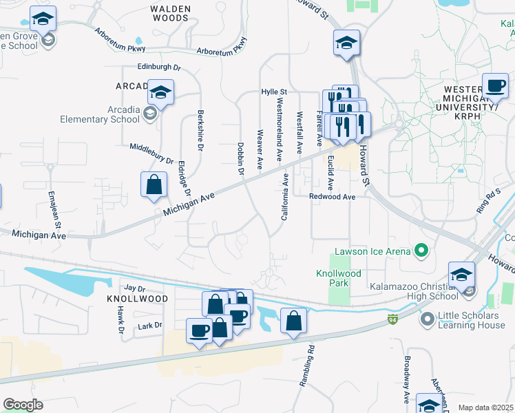 map of restaurants, bars, coffee shops, grocery stores, and more near 3207 West Michigan Avenue in Kalamazoo