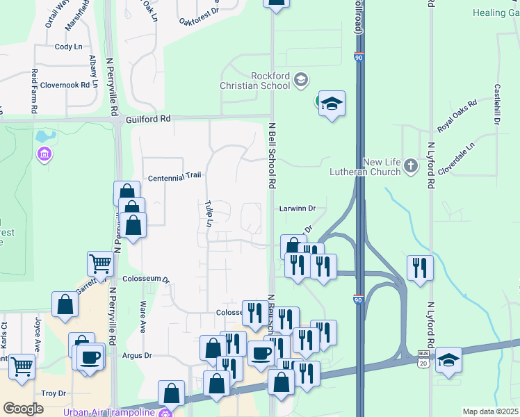 map of restaurants, bars, coffee shops, grocery stores, and more near 985 McKnight Circle in Rockford