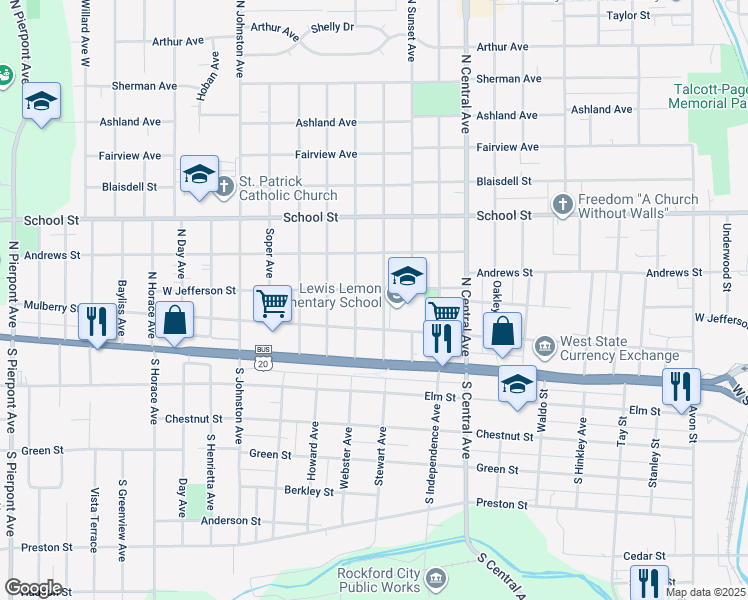 map of restaurants, bars, coffee shops, grocery stores, and more near 307 Albert Avenue in Rockford